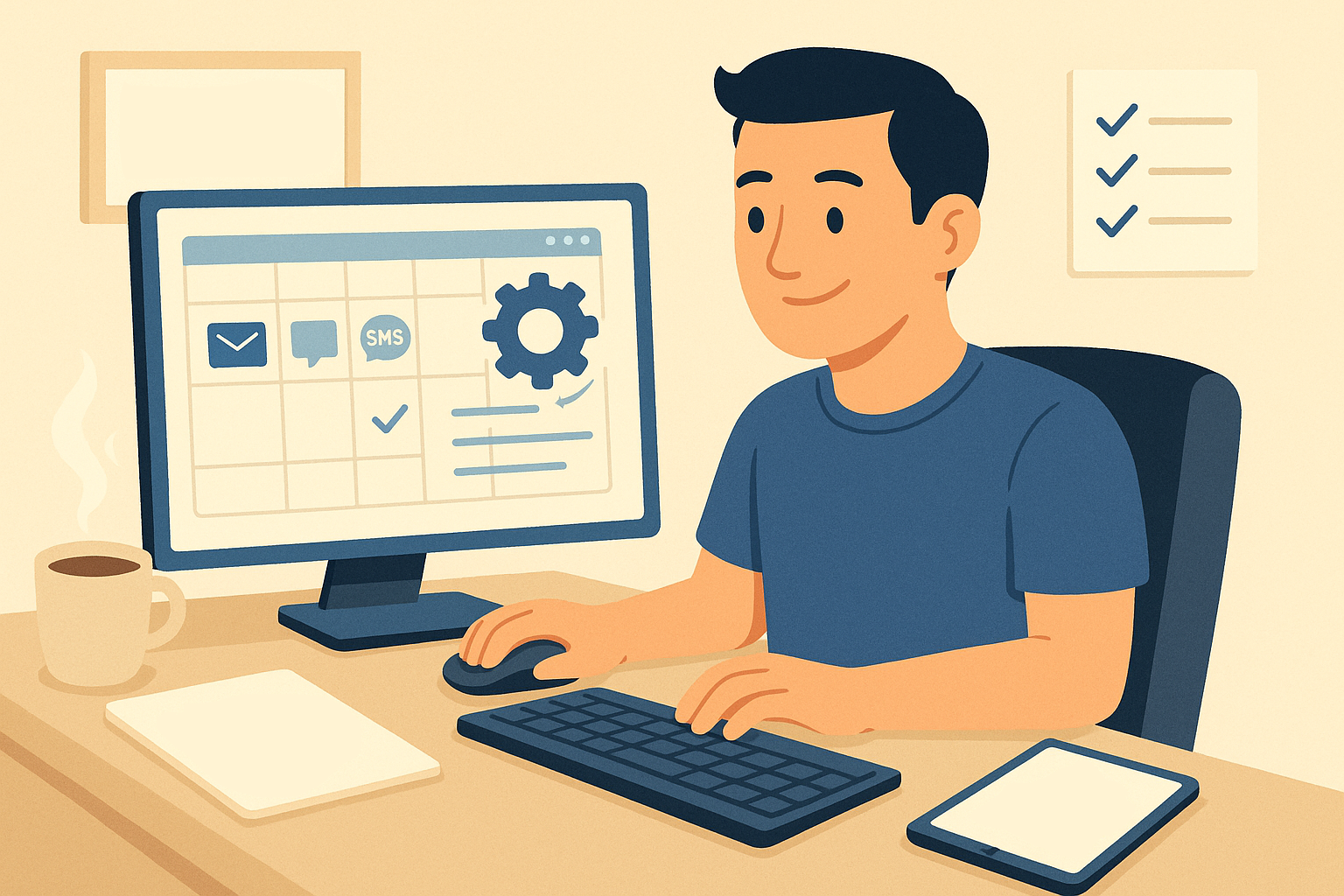 Ordinateur envoyant des campagnes automatiquement, personnage sirotant un café