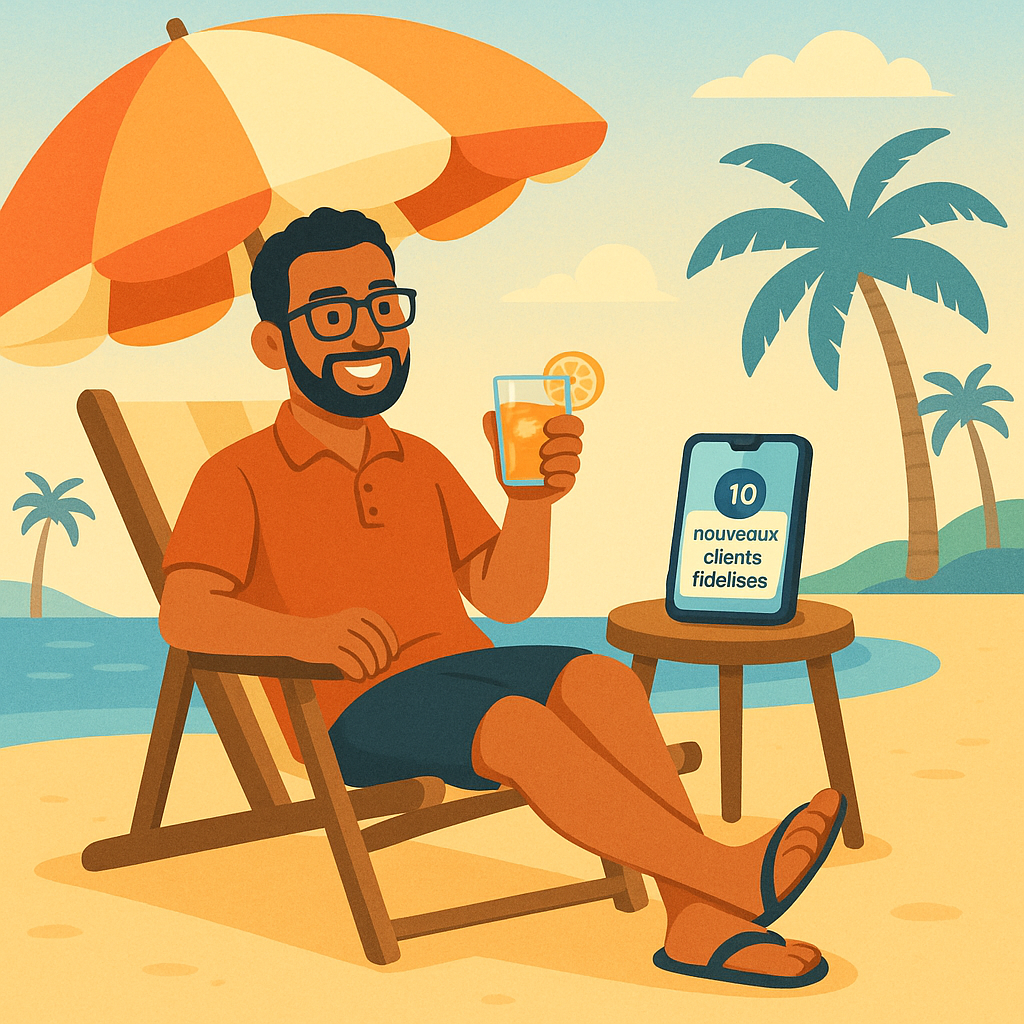 Personnage sur chaise longue au soleil, cocktail à la main, téléphone avec notification '10 nouveaux clients fidélisés'