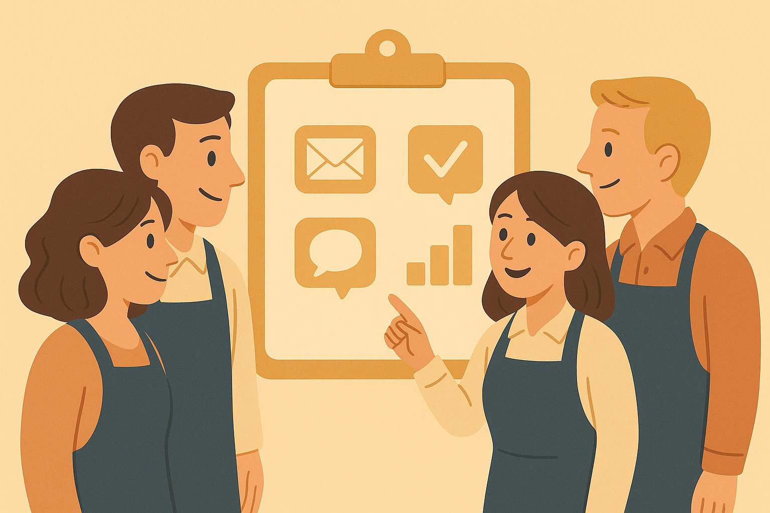 Plusieurs commerçants autour d’une fiche client commune avec icônes Email, Consentement OK, SMS, et graphique de croissance