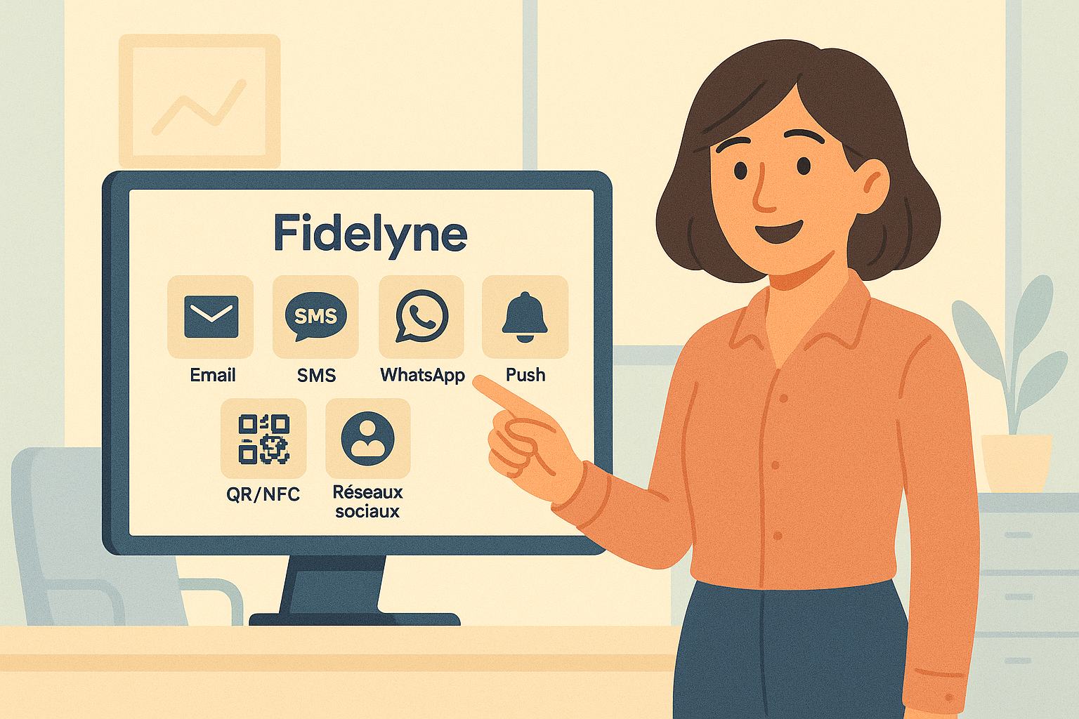 Console simple avec icônes SMS, Email, WhatsApp, Push et un partenaire qui clique sur 'Envoyer une offre'