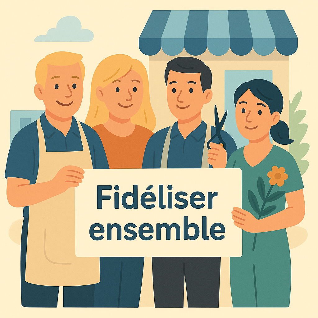 Groupe de commerçants (boulanger, fleuriste, coiffeur…) autour d’un panneau « Fidéliser ensemble »