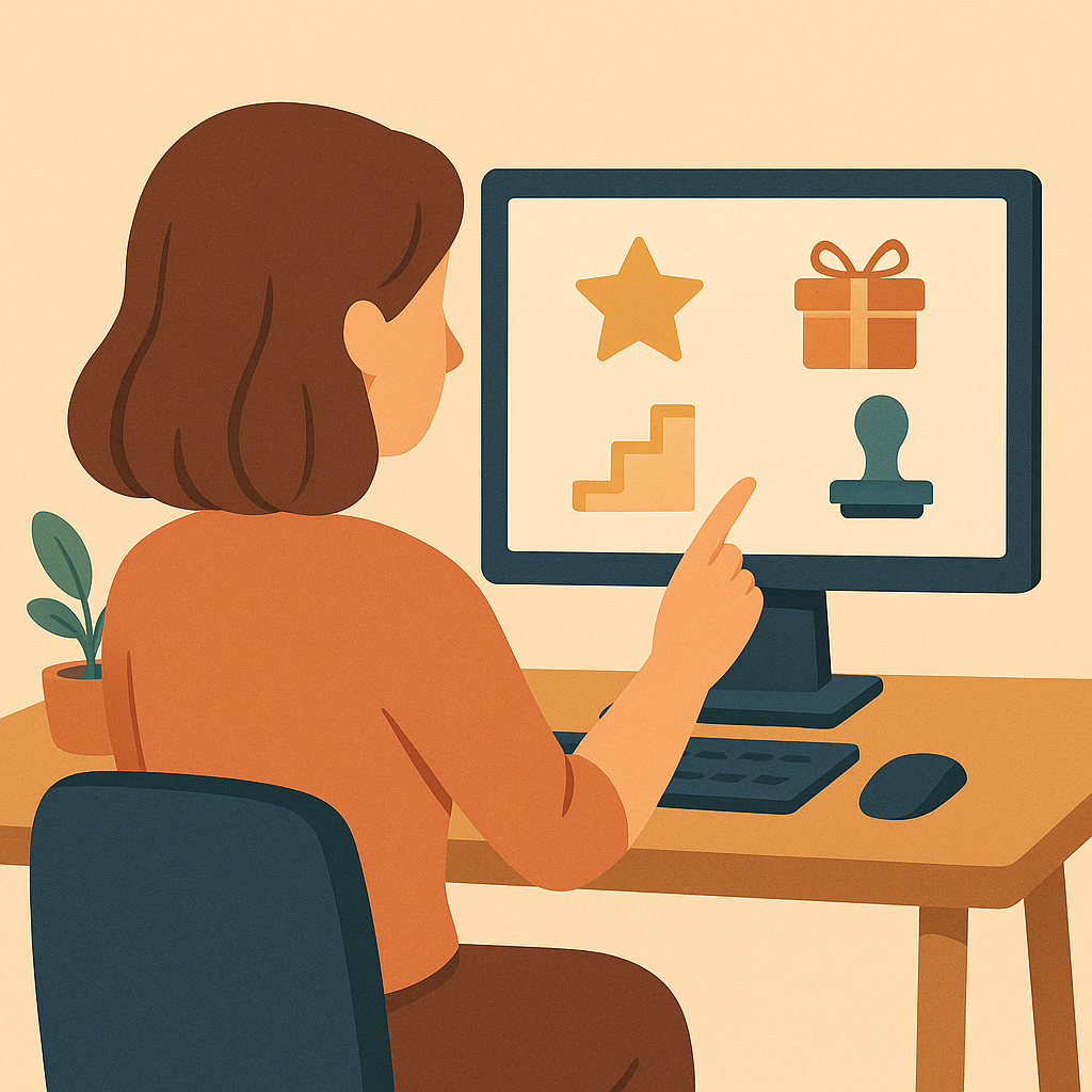 Écran affichant plusieurs options de programme de fidélité : points, réductions, cadeaux, tampons digitaux