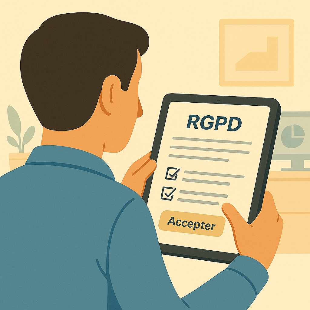 Document 'RGPD OK' avec cadenas et main d’un client donnant son accord