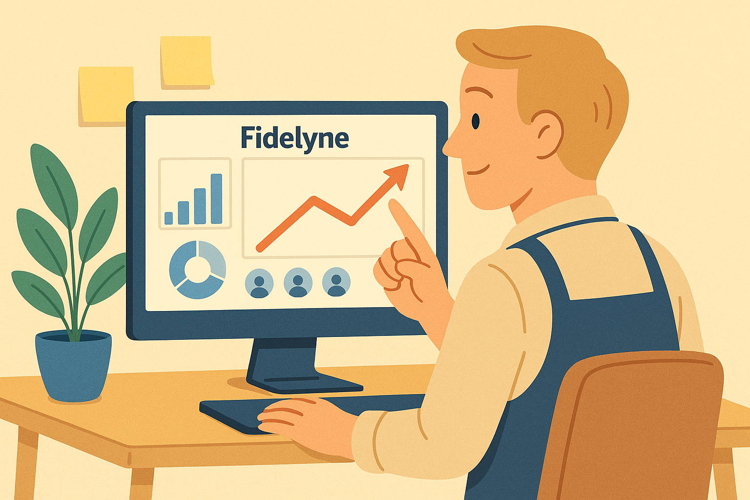 Écran de statistiques avec graphique en hausse et icônes explicites